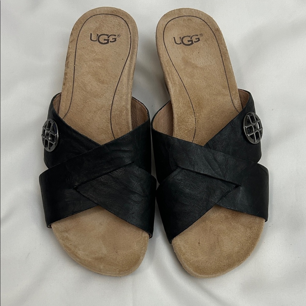 UGG Women's Black and Tan Cross Strap Sandals